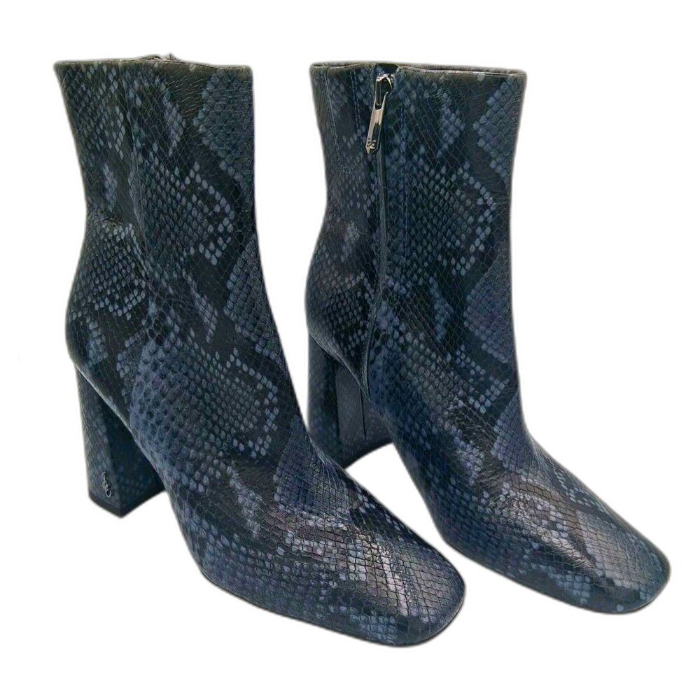 Sam Edelman Boots Womens 8 Leather Blue Black Snakeskin Square Toe Ankle New